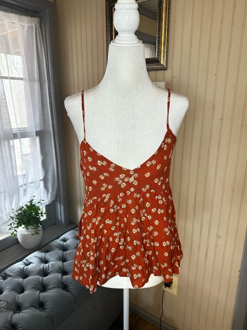Floral Babydoll Tank Top Women Small Boho Smocked Back Hem Cami Ditsy Daisy